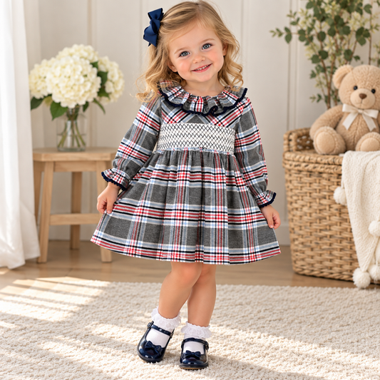Girls Grey/Navy Check Smock Dress