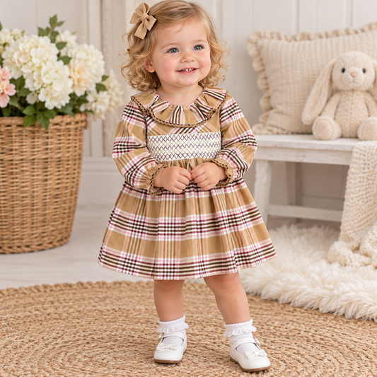 Girls Camel Check Smocked Dress