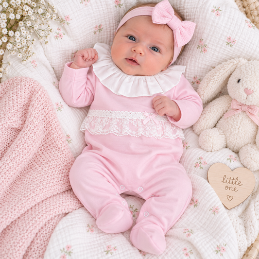 Girls Pink Lace Sleepsuit