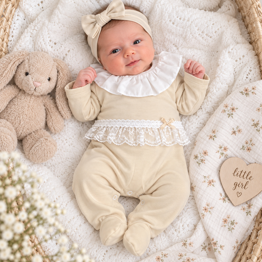 Girls Beige Lace Sleepsuit