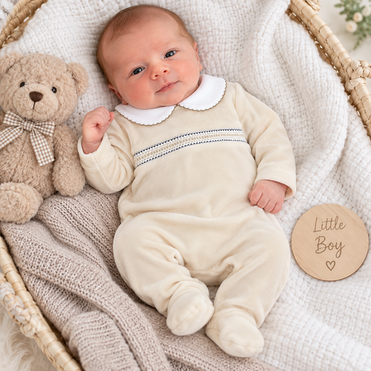Biscuit/Navy Velour Babygrow