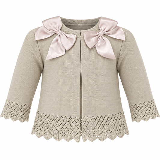 Girls Double Bow Camel Cardigan