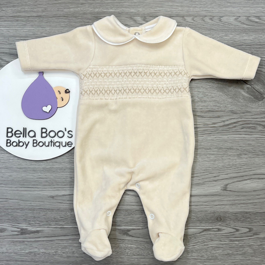 Baby Boys Biscuit/Beige Velour Smock Babygrow