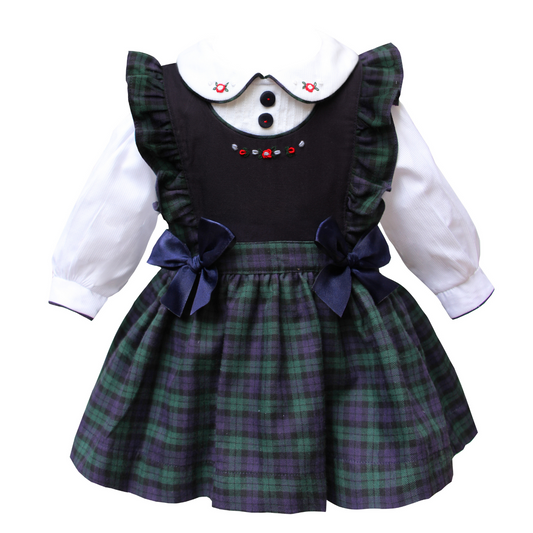 Pretty Originals Girls Green/Navy Pinafore Dress Set