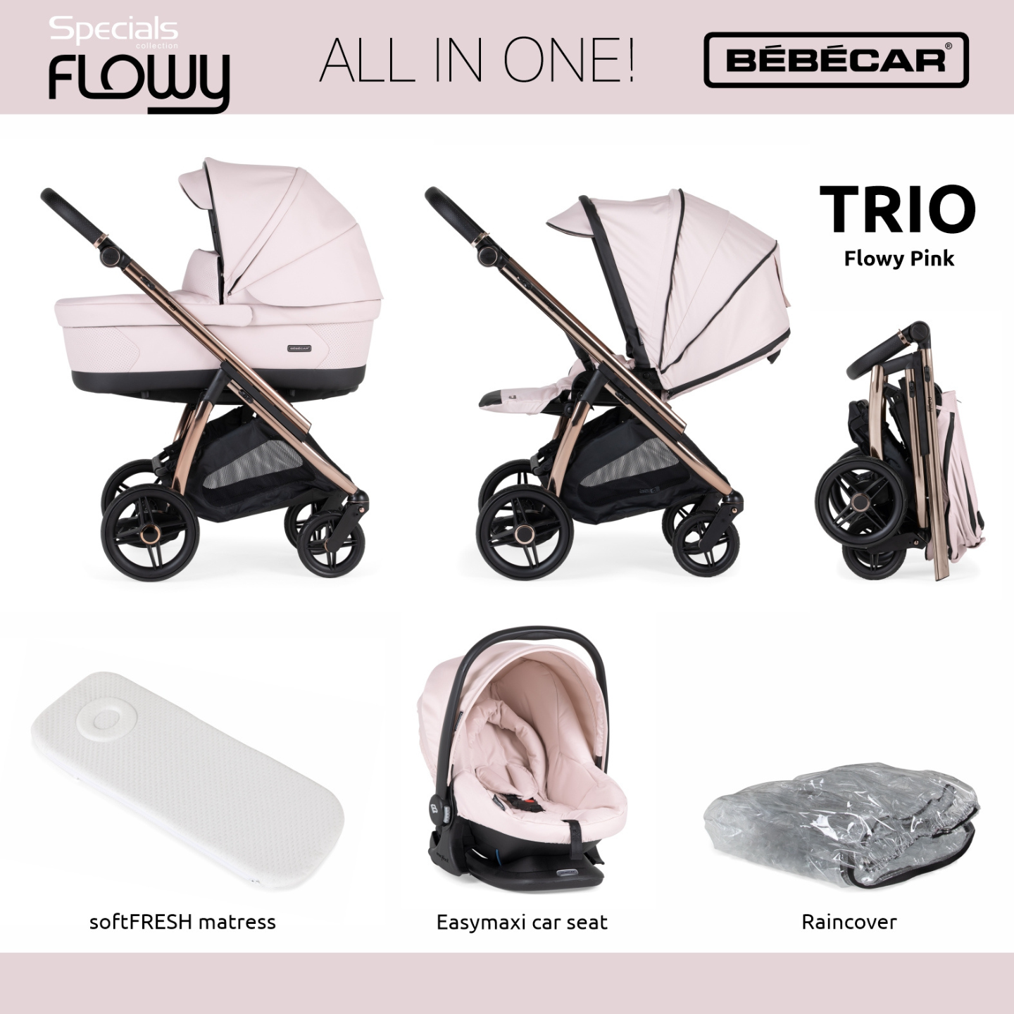 Bebecar Flowy Trio Travel System - Pink/Rose