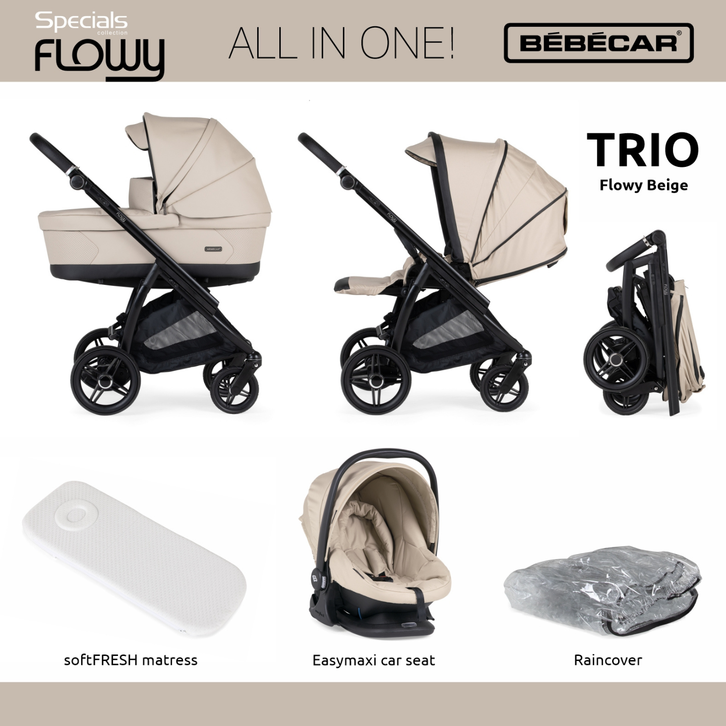 Bebecar Flowy Trio Travel System - Beige/Black