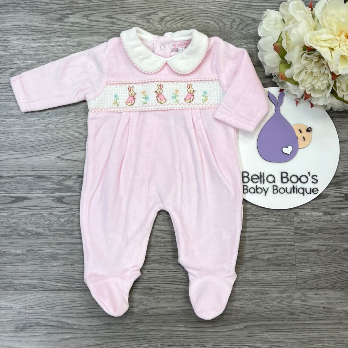 Pink Bunny Smocked Sleepsuit