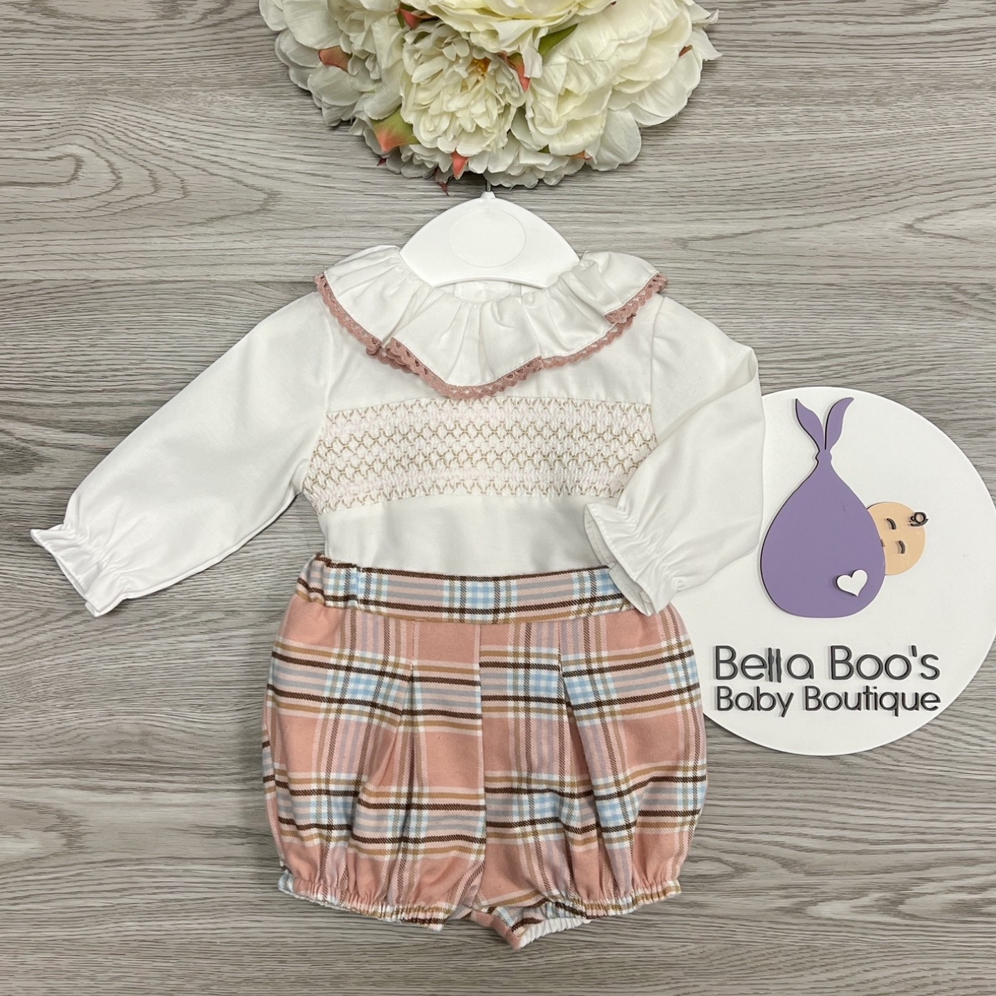 Girls Pink Check Two Piece Smock Set SG147