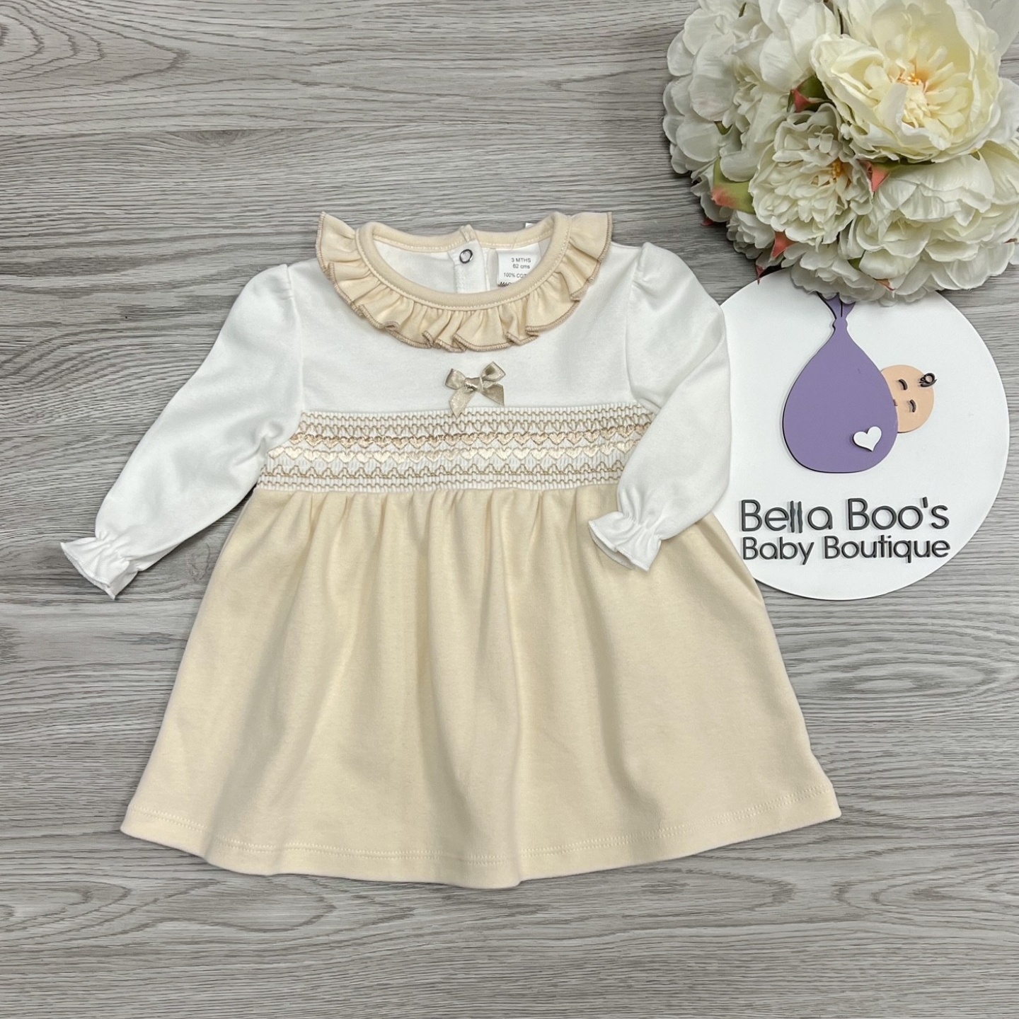 Girls Beige Heart Smock Dress