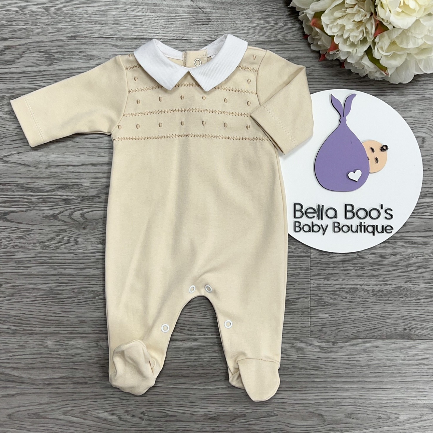 Beige Cotton Collared Sleepsuit