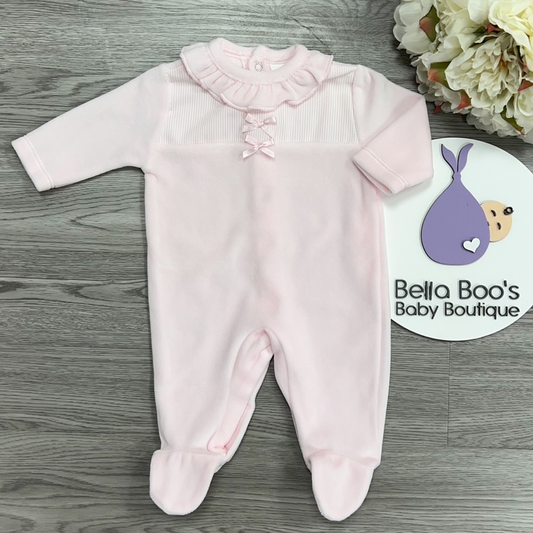 Baby Girls Pink Bow Velour Sleepsuit