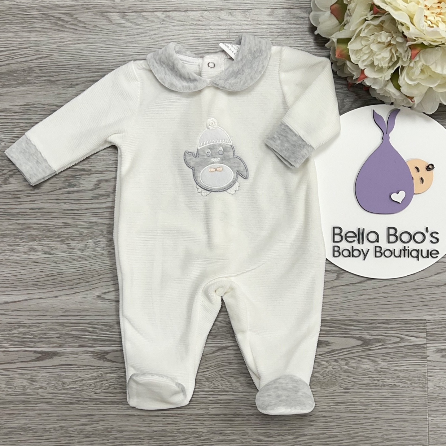 Unisex Penguin Velour Sleepsuit