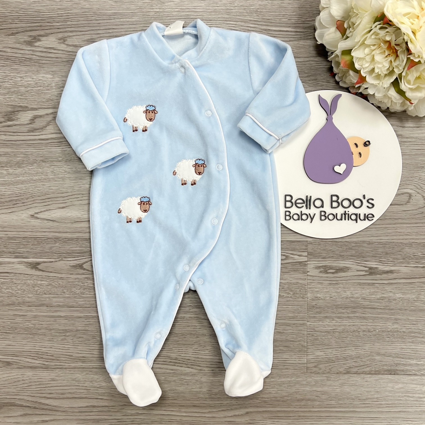 Blue Velour Sheep Sleepsuit