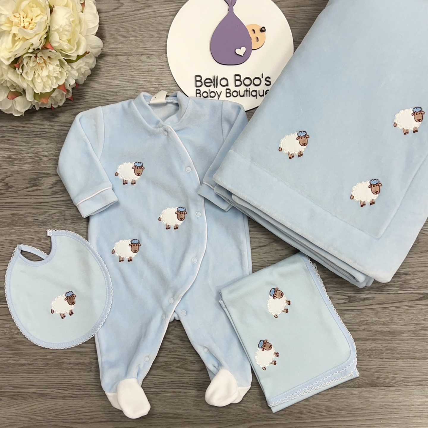 Blue Velour Sheep Sleepsuit