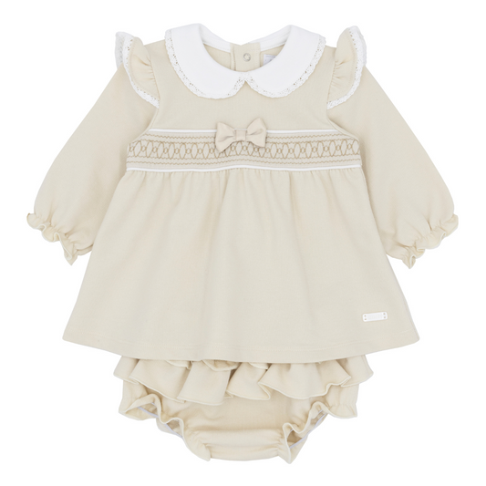 Amore Girls Beige Smock Dress & Pant Set
