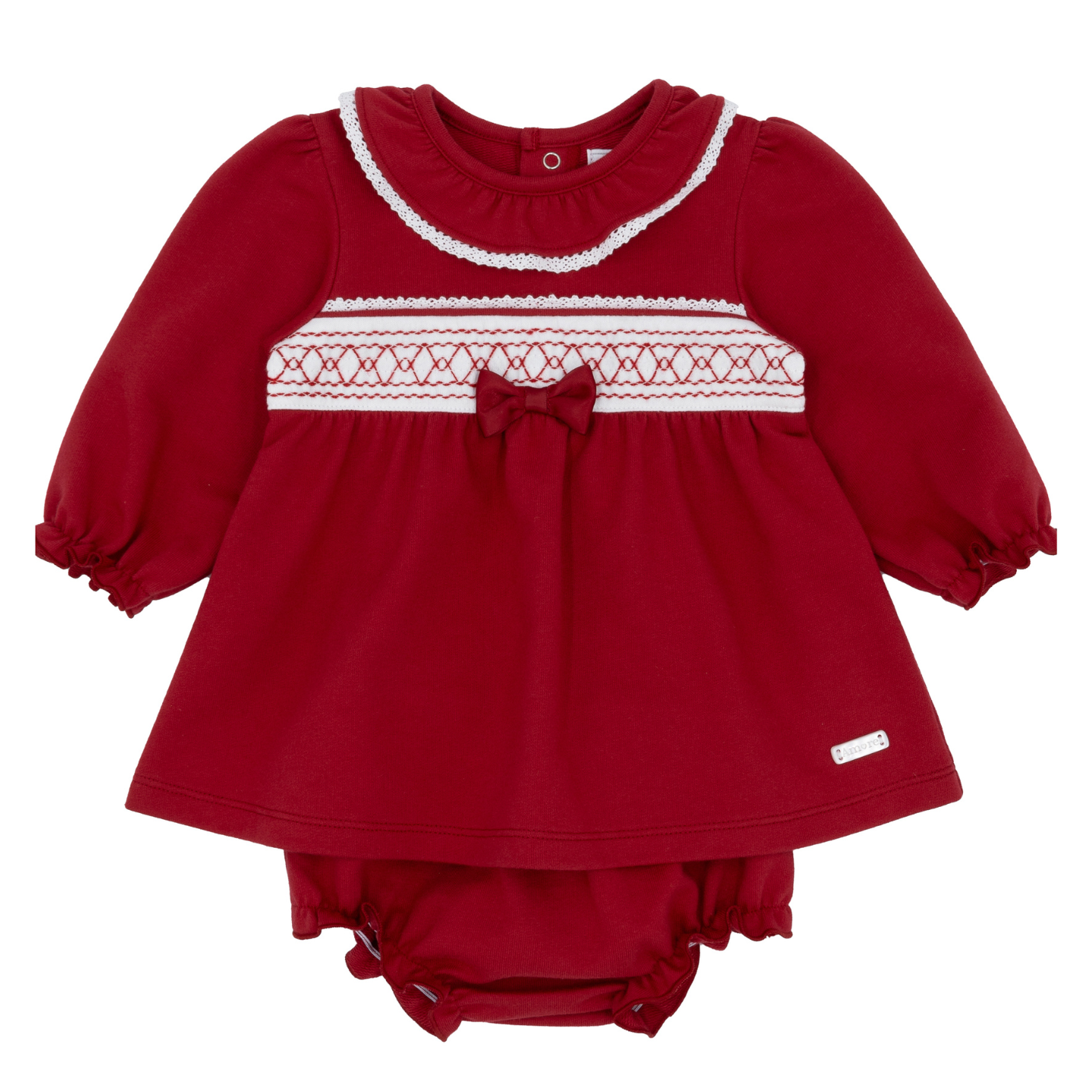 Amore Girls Red Smock Dress & Pant Set