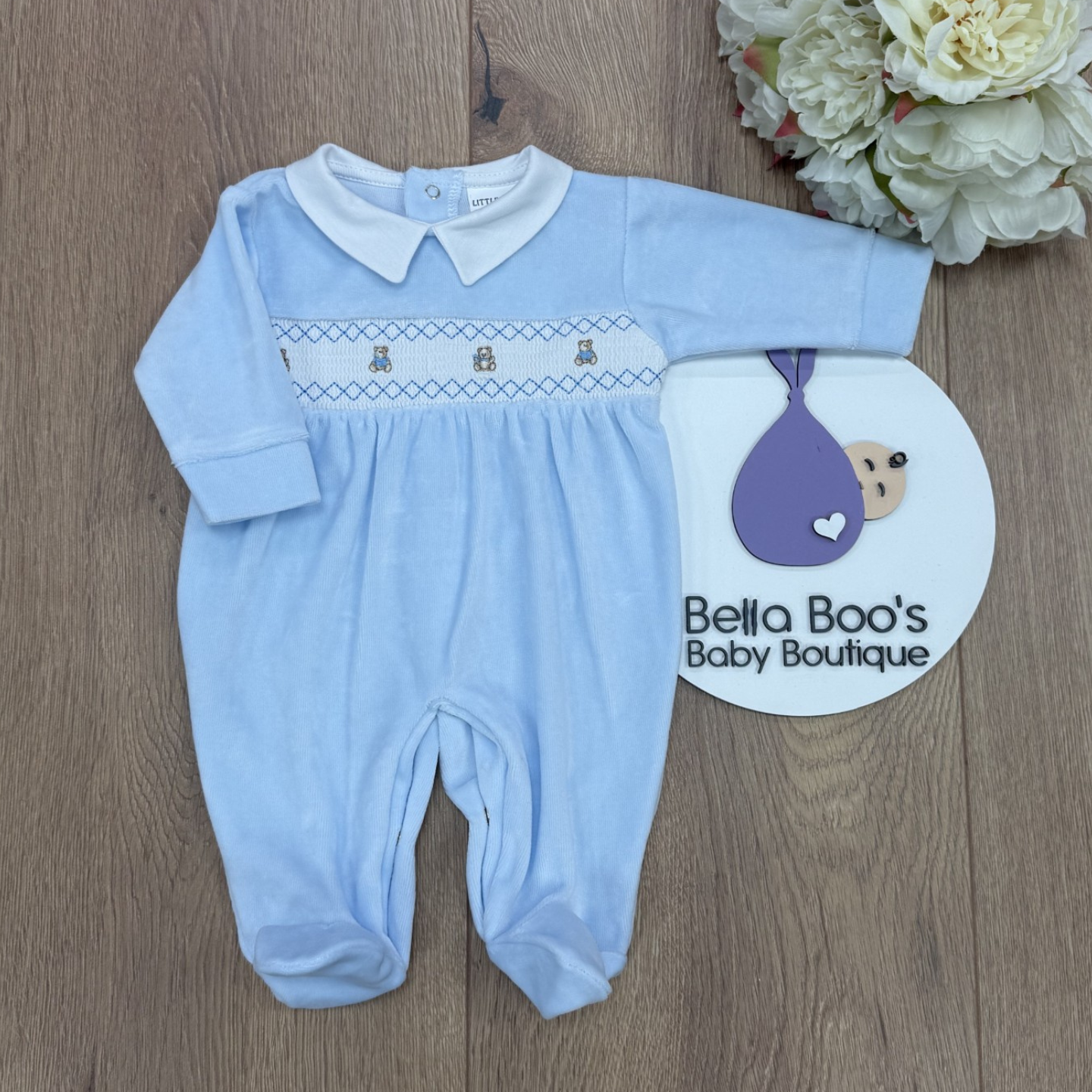 Boys Blue Bear Smock Sleepsuit