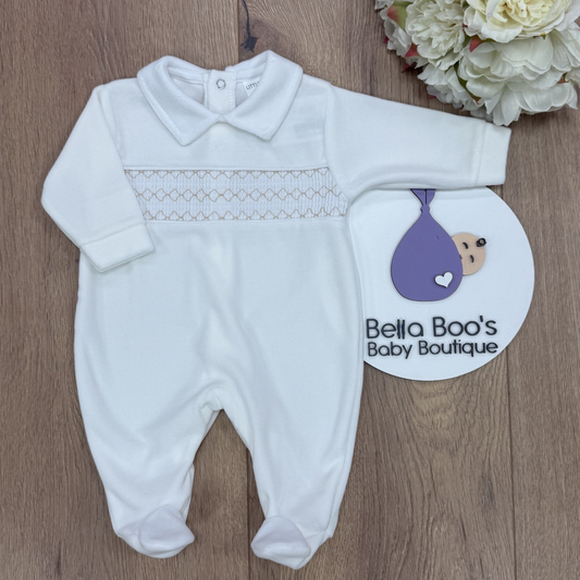 Cream Velour Smock Sleepsuit
