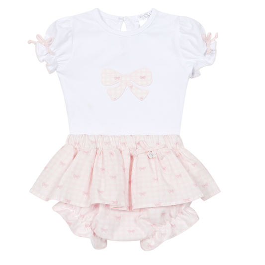 Deolinda Baby Girls Pink Bow Two Piece Ruffle Pant Set