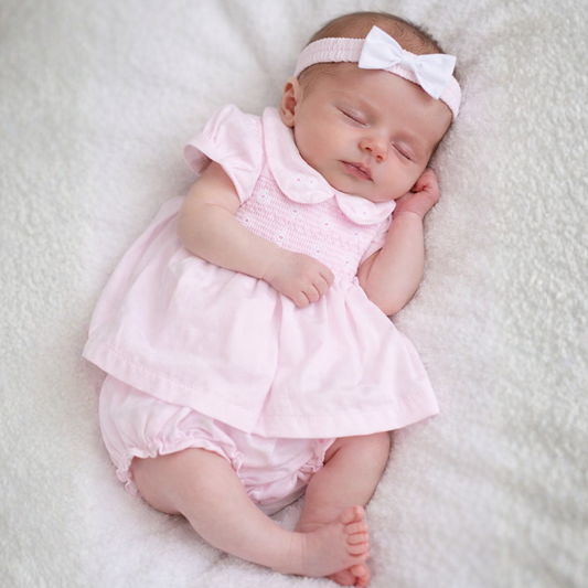Baby Girls Pink Smock Dress, Pants & Headband Set