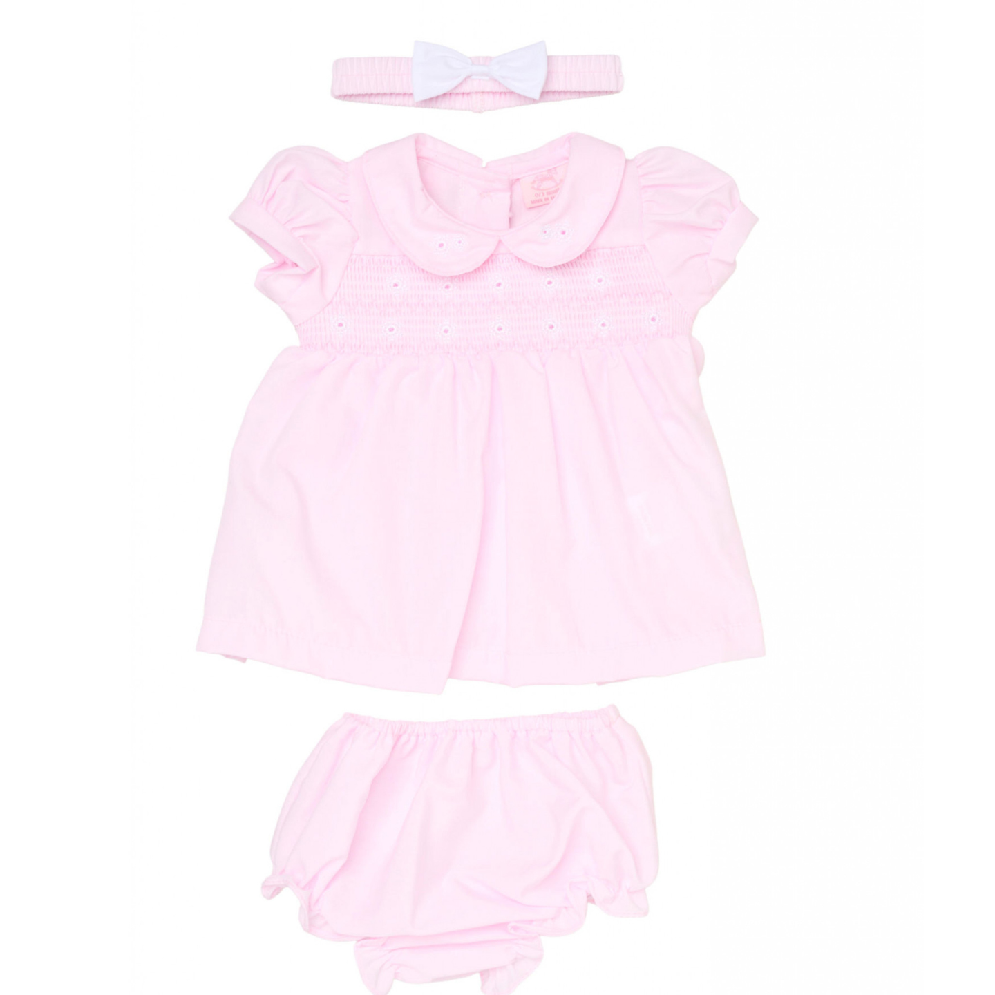 Baby Girls Pink Smock Dress, Pants & Headband Set