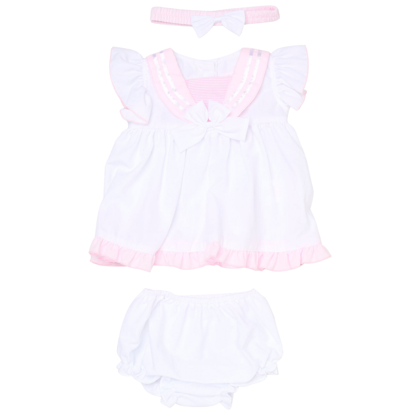 Girls White & Pink Sailor Dress With Pants & Headband