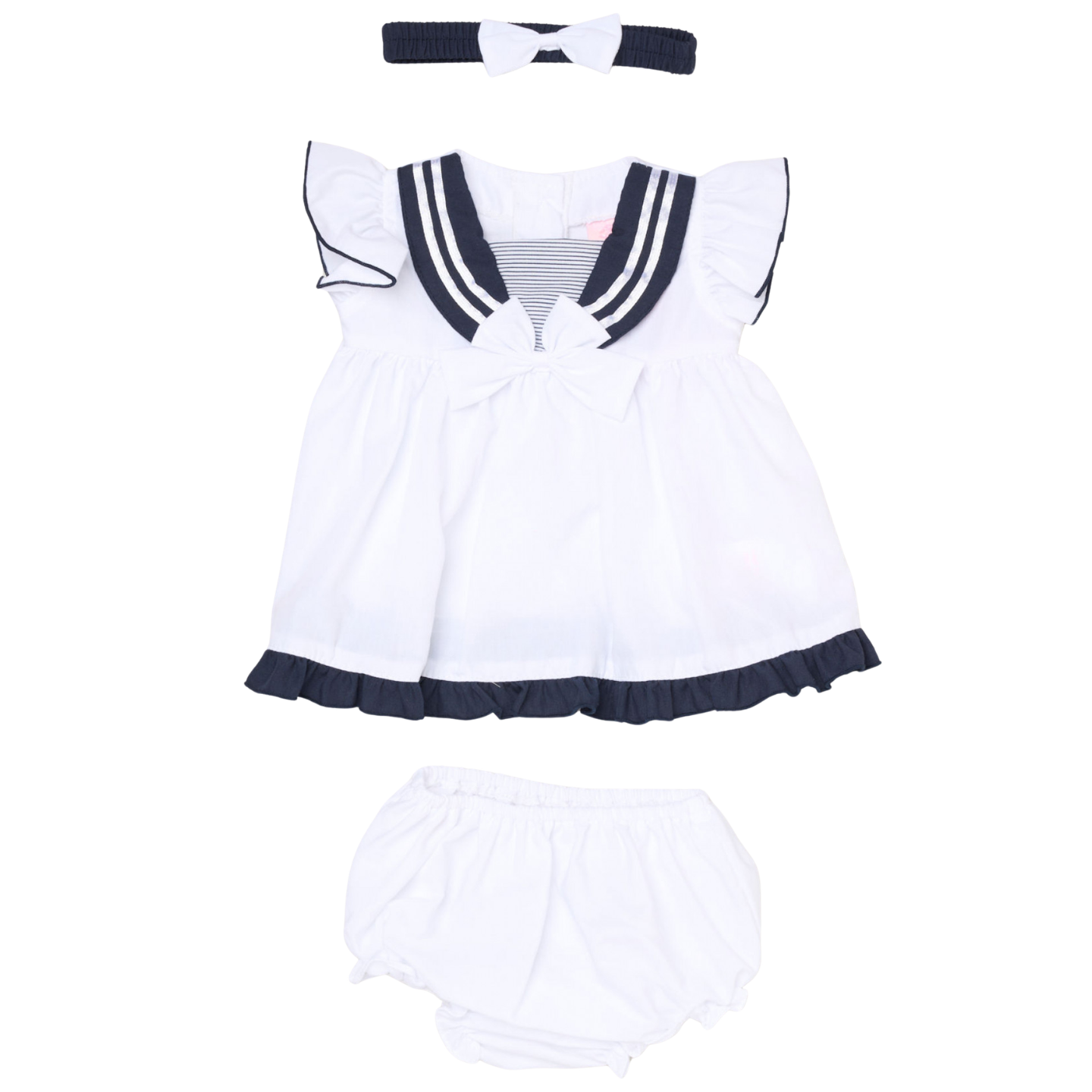 Girls White & Navy Sailor Dress With Pants & Headband