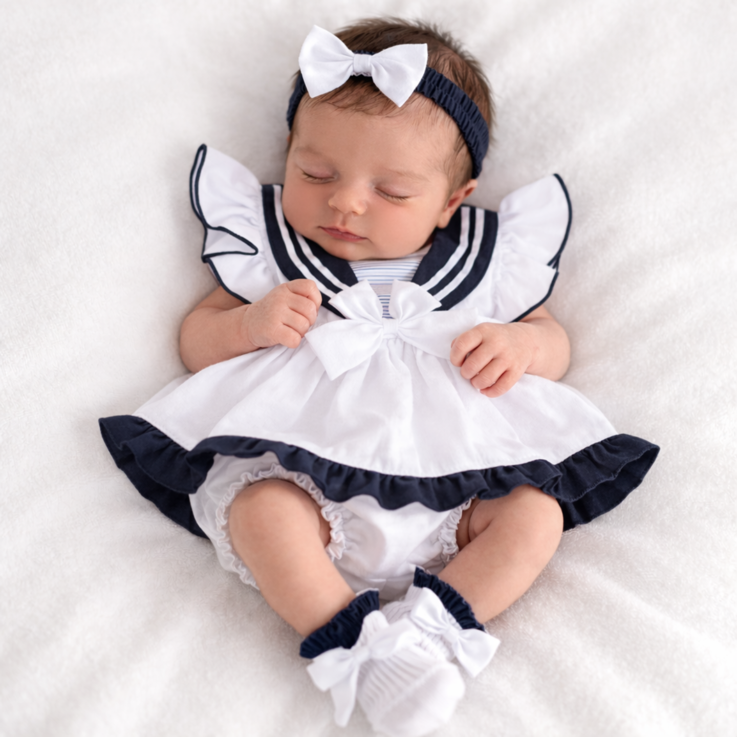 Girls White & Navy Sailor Dress With Pants & Headband