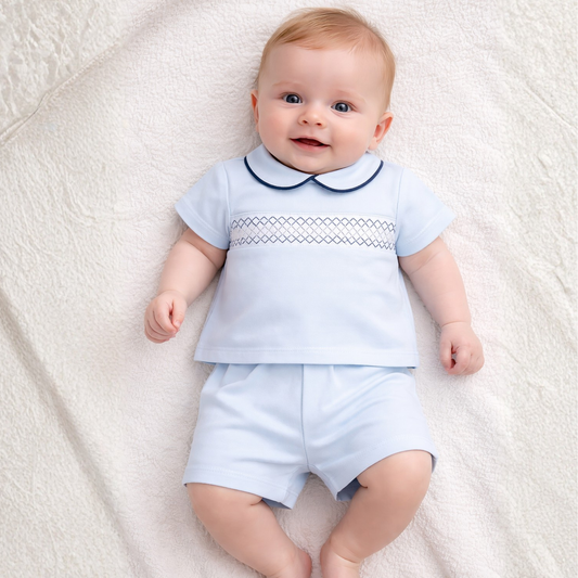 Little Nosh Baby Boys Blue Smock Short Set