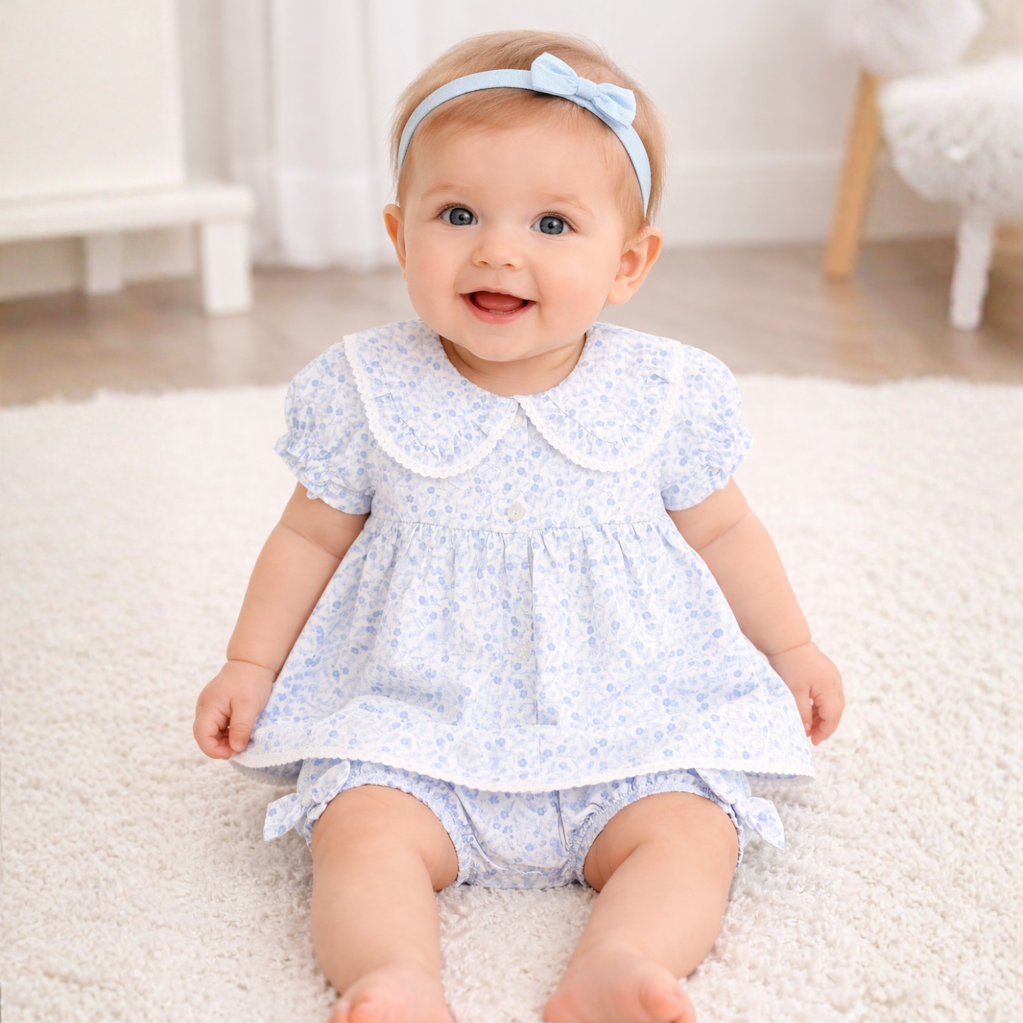 Little Nosh Girls Blue Floral Dress & Pant Set