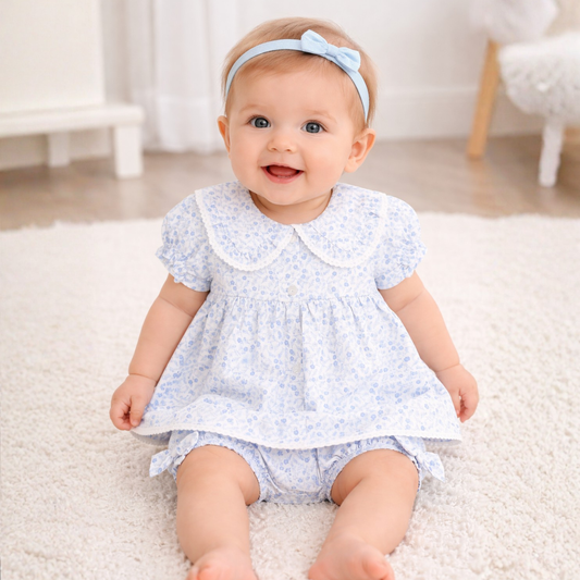 Little Nosh Girls Blue Floral Dress & Pant Set