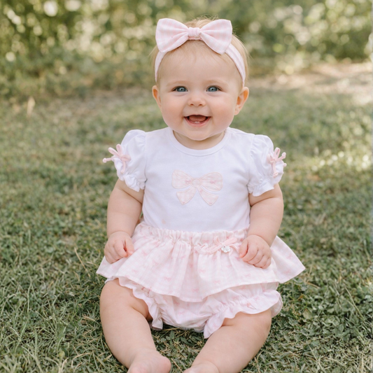 Deolinda Baby Girls Pink Bow Two Piece Ruffle Pant Set