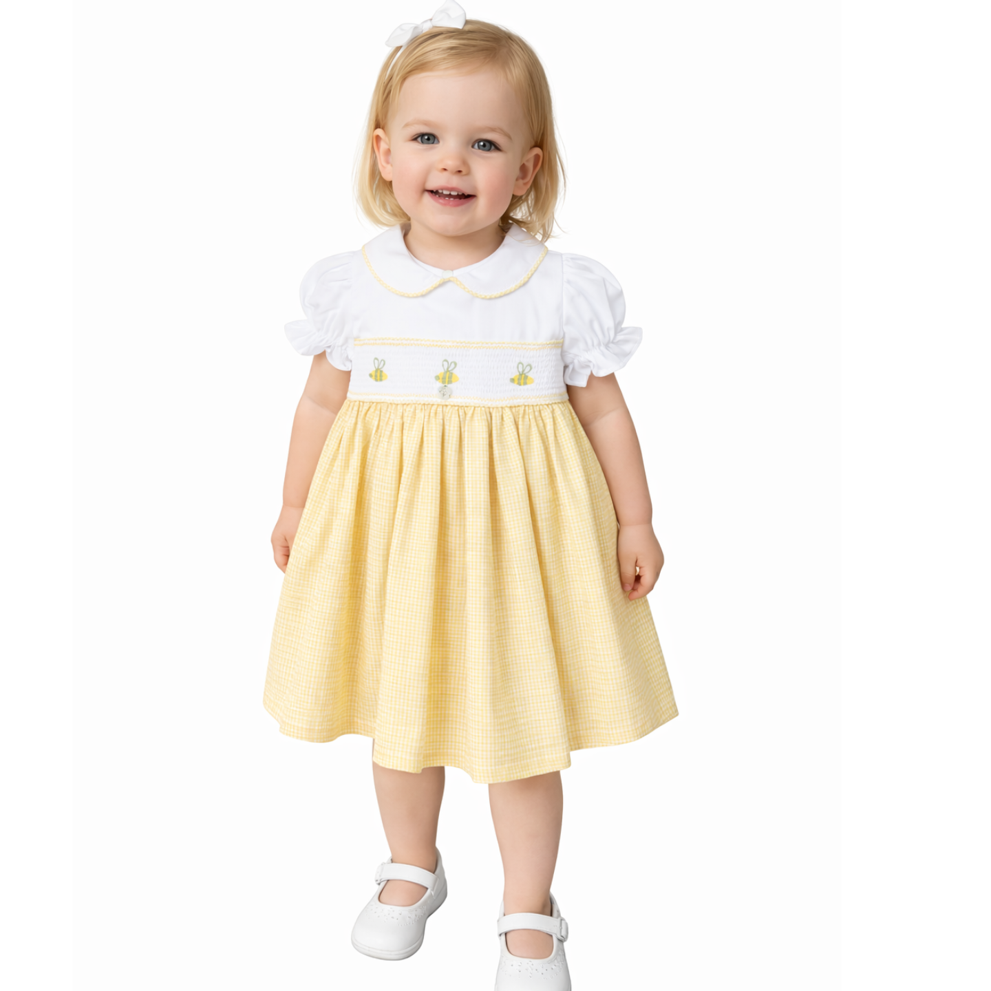 Deolinda Girls White/Lemon Smock Bumble Bee Dress