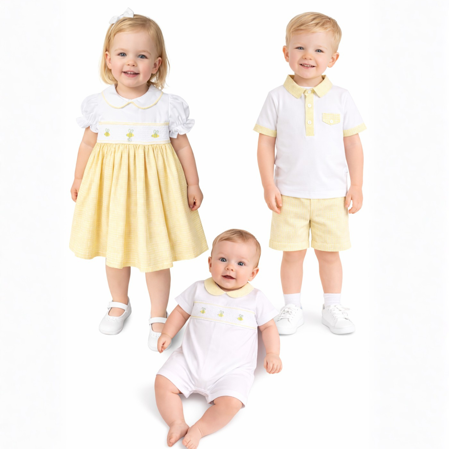 Deolinda Girls White/Lemon Smock Bumble Bee Dress