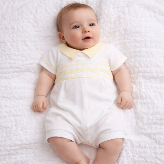 Amore Boys White/Lemon Smocked Romper