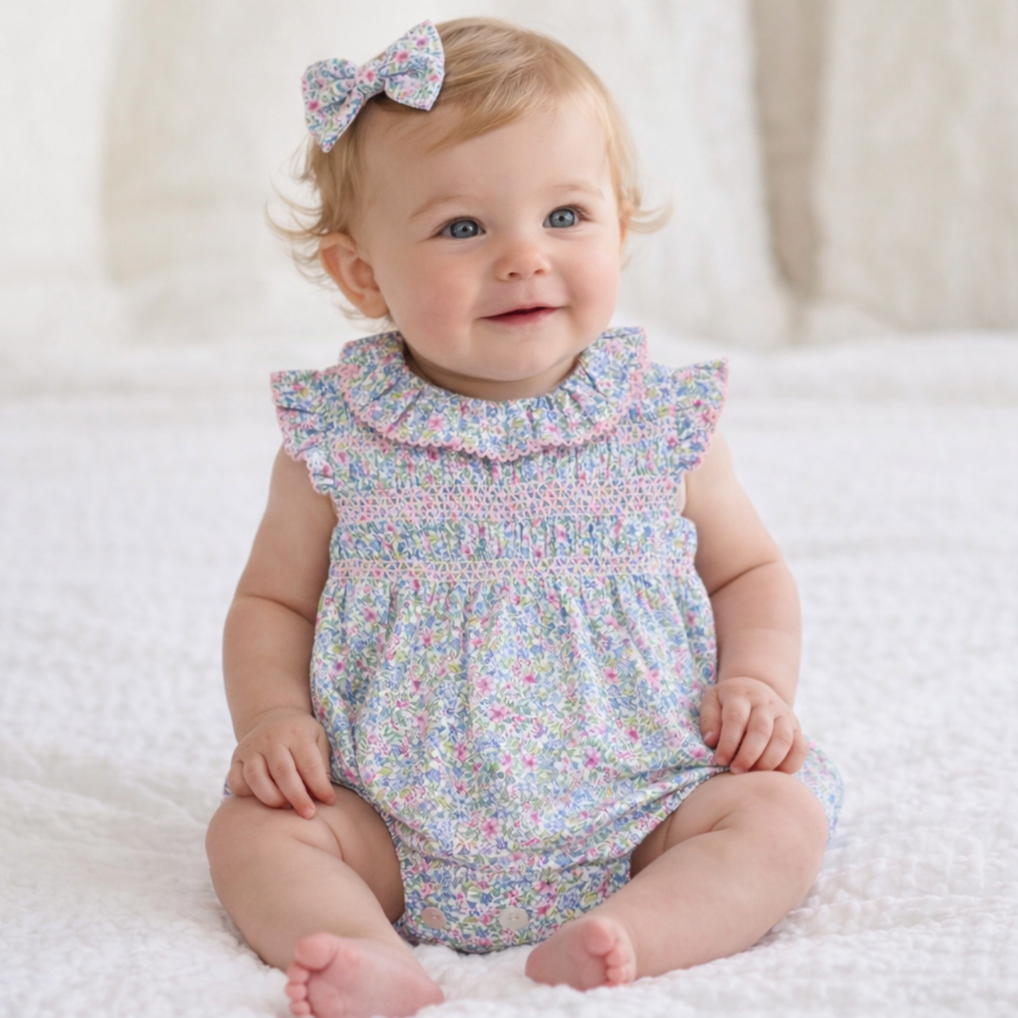 Sardon Baby Girls Floral Smock Romper