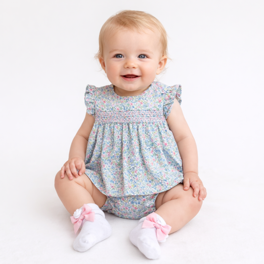 Sardon Baby Girls Floral Smock Dress & Pant Set