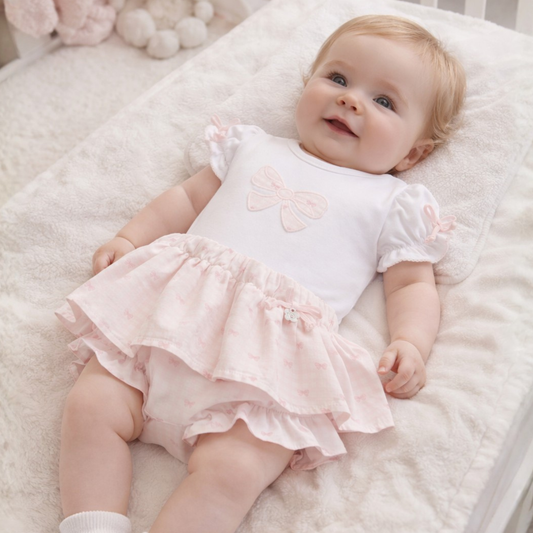 Deolinda Baby Girls Pink Bow Two Piece Ruffle Pant Set
