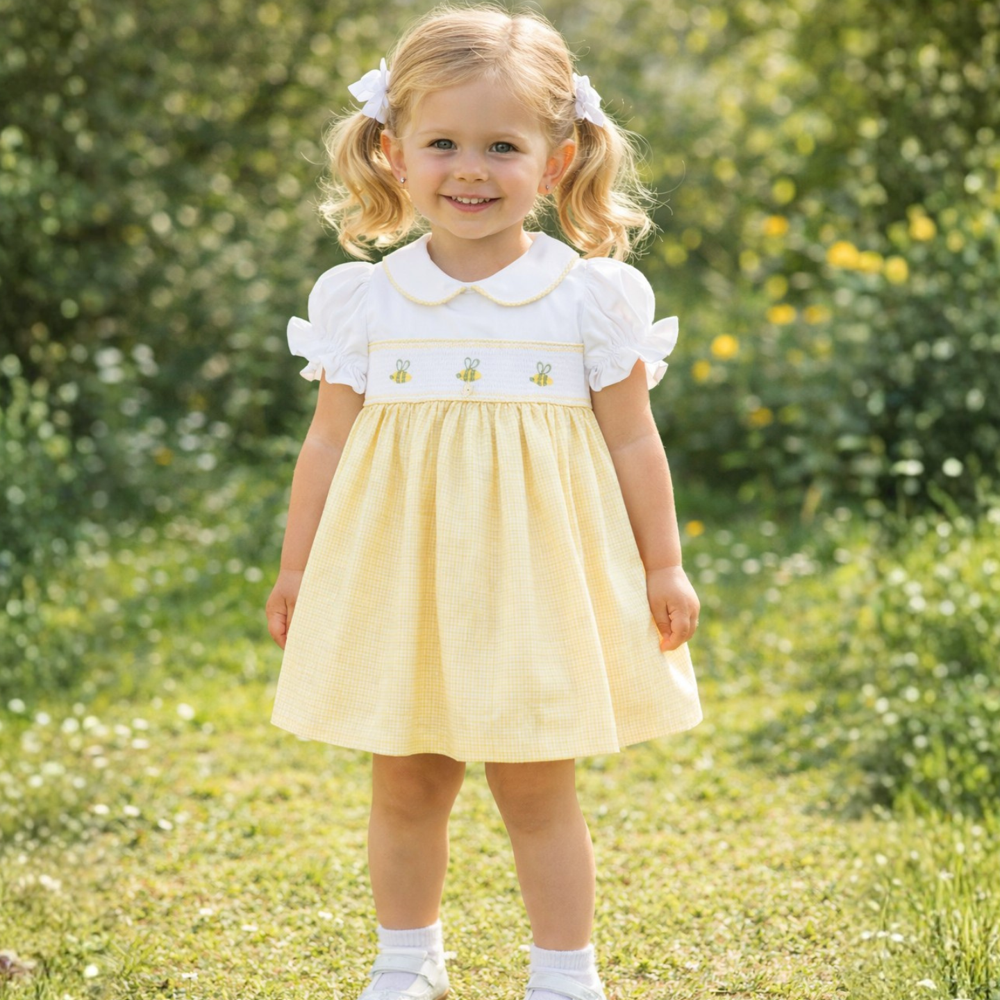 Deolinda Girls White/Lemon Smock Bumble Bee Dress