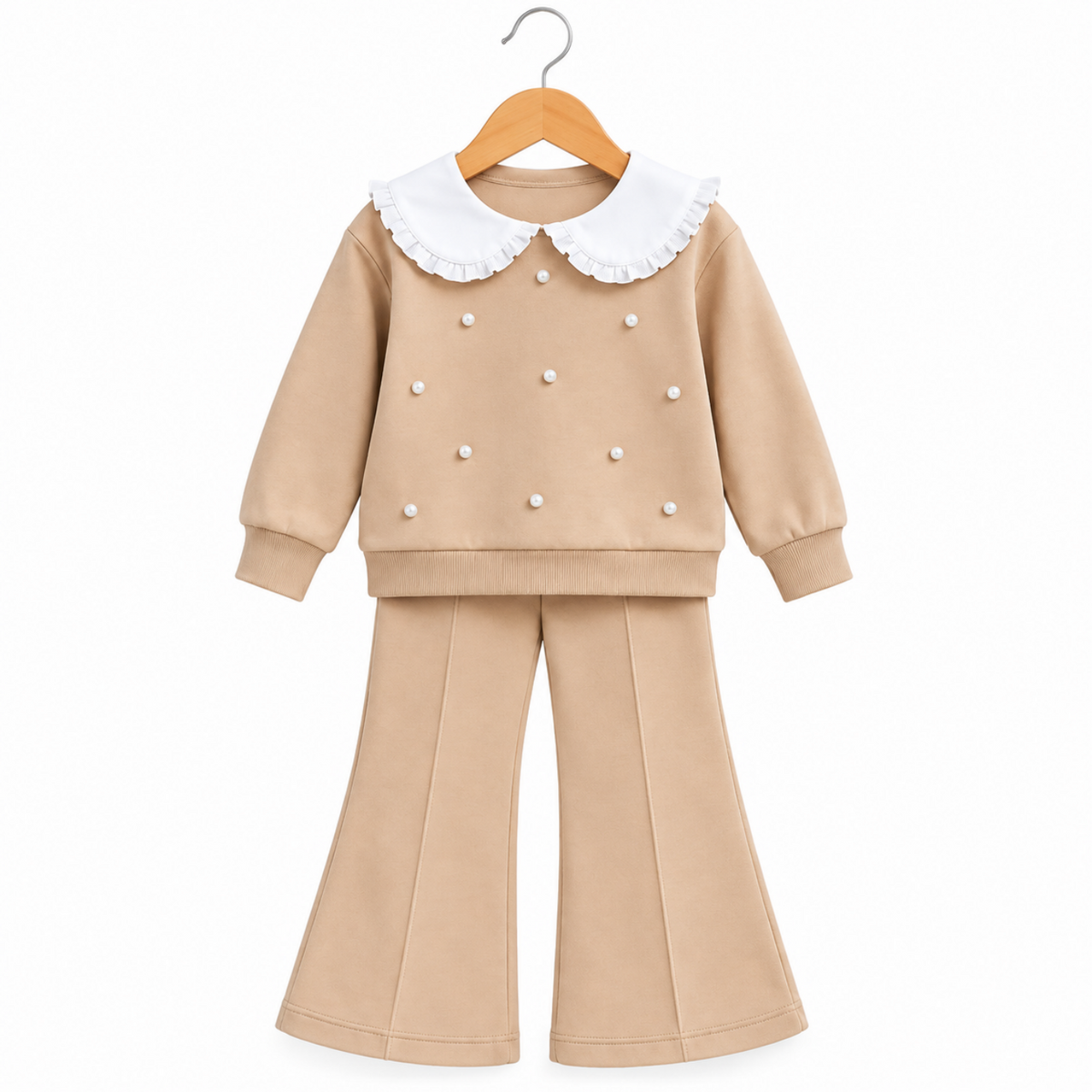 Girls Beige Two Piece Flare Trouser Set