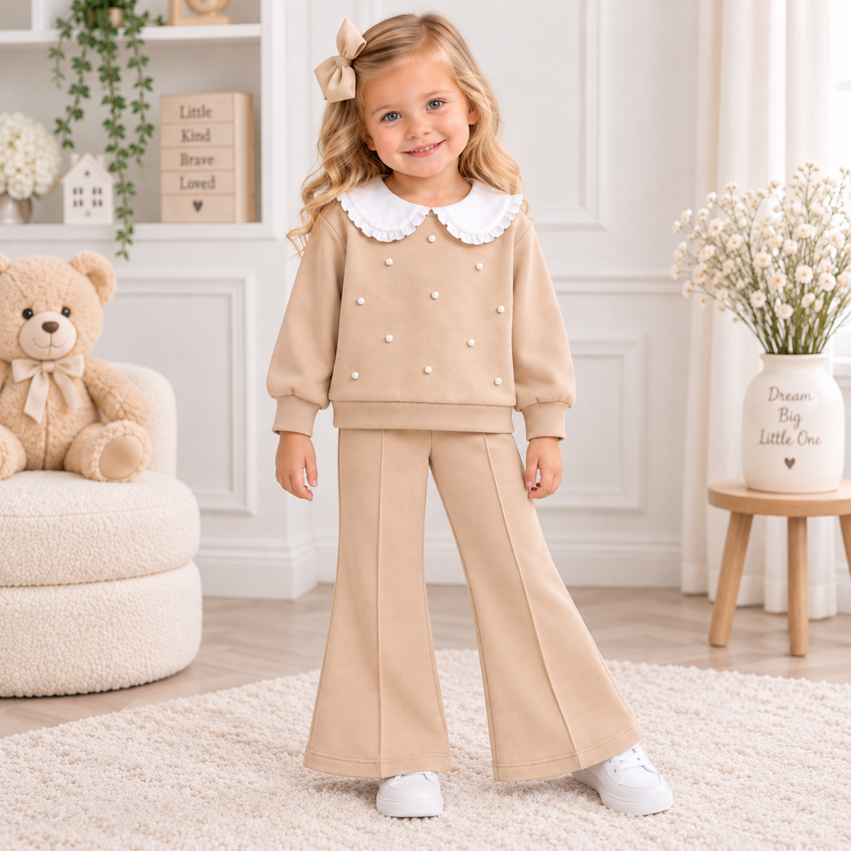 Girls Beige Two Piece Flare Trouser Set