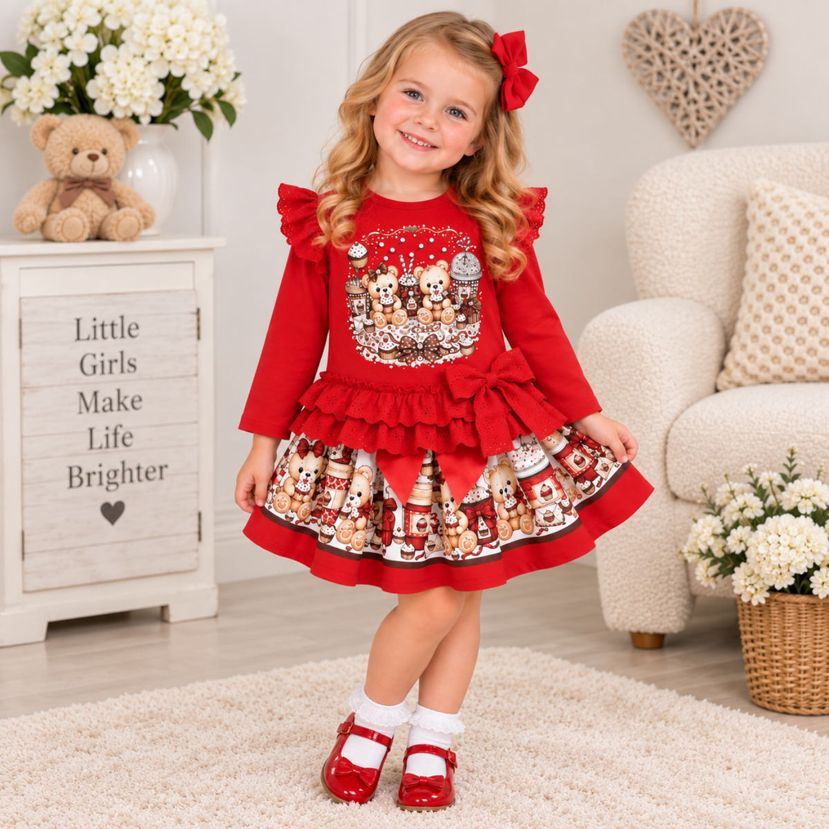 Girls Red Teddy Skirt Set