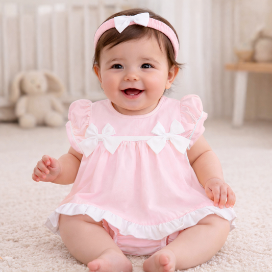 Girls Pink Bow Dress With Pants & Headband
