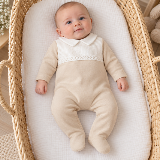 Baby Boys Beige Cotton Sleepsuit