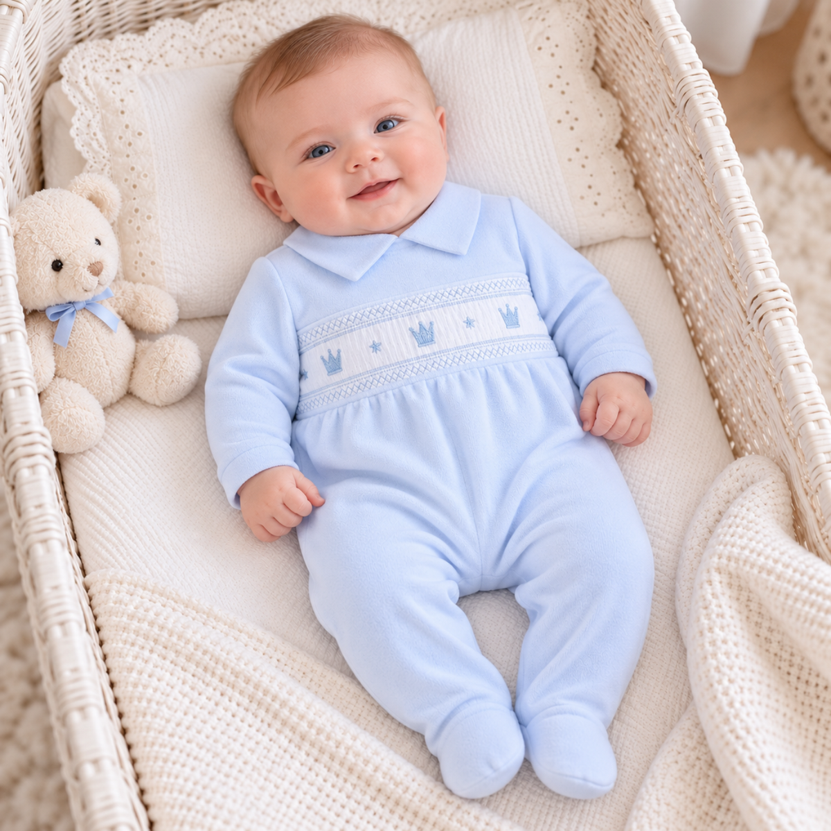 Baby Boys Blue Velour Crown Smock Sleepsuit