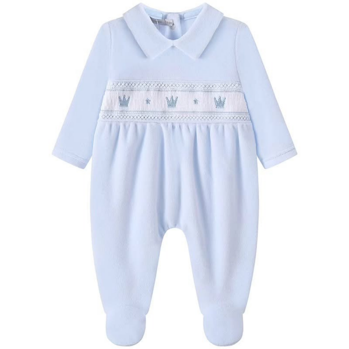 Baby Boys Blue Velour Crown Smock Sleepsuit