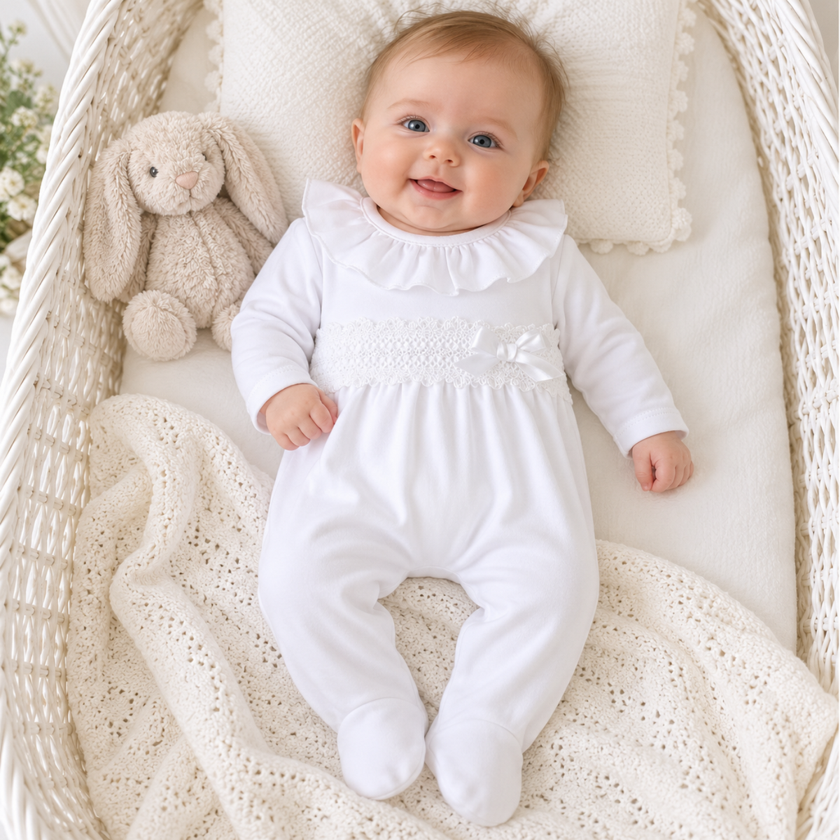 Baby Girls White Bow Sleepsuit