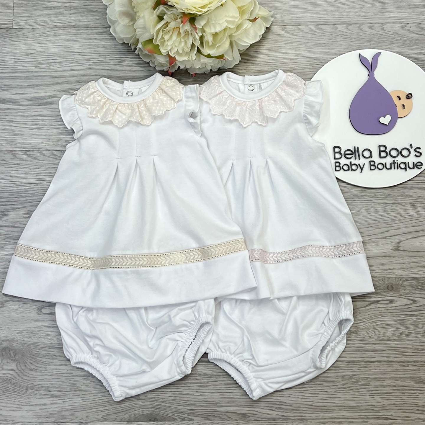 Girls White/Beige Cotton Dress Set