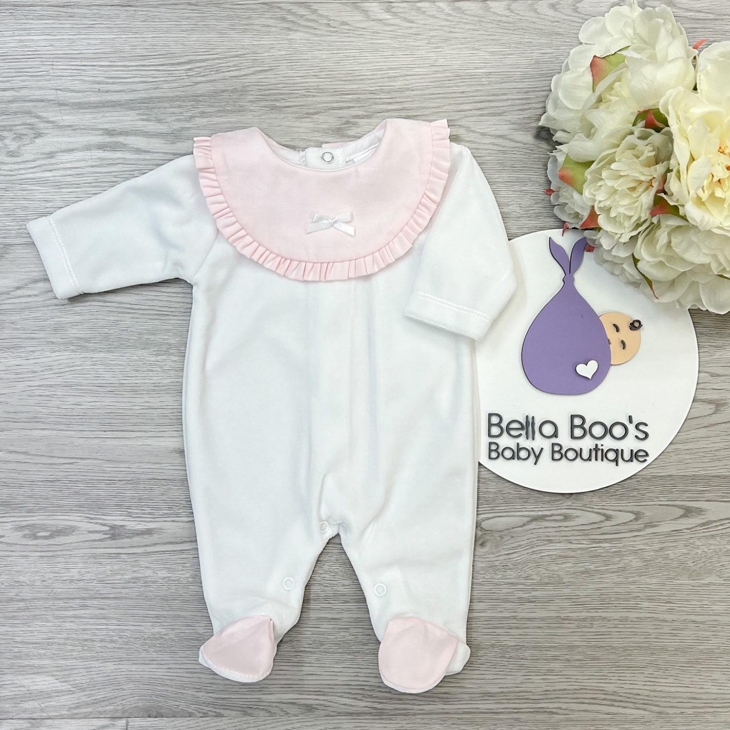 Baby Girls White/Pink Velour Sleep Suit