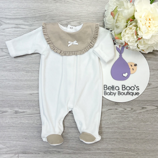 Baby Girls White/Mink Velour Sleep Suit